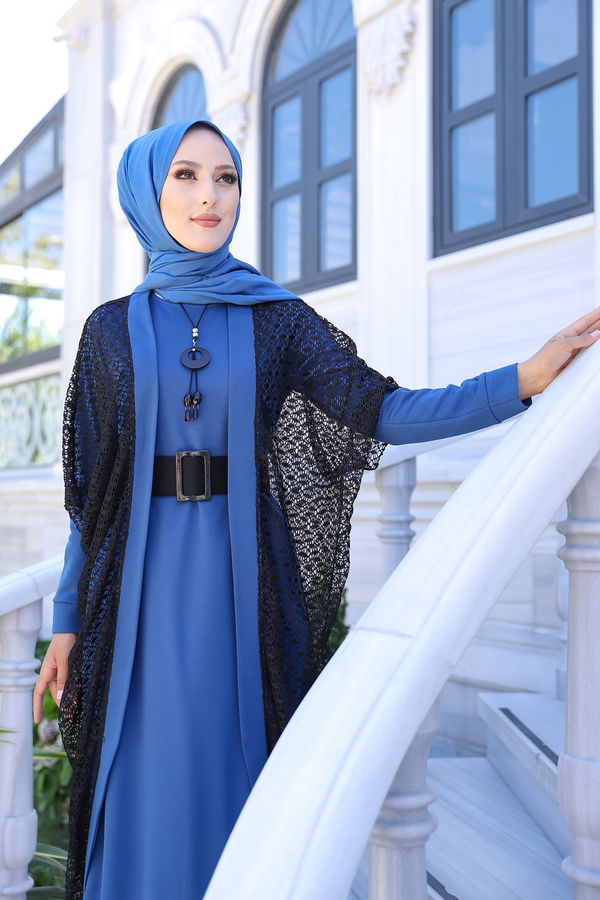9042 ELBISE CEKET KEMER KOLYE Mavi - 9042