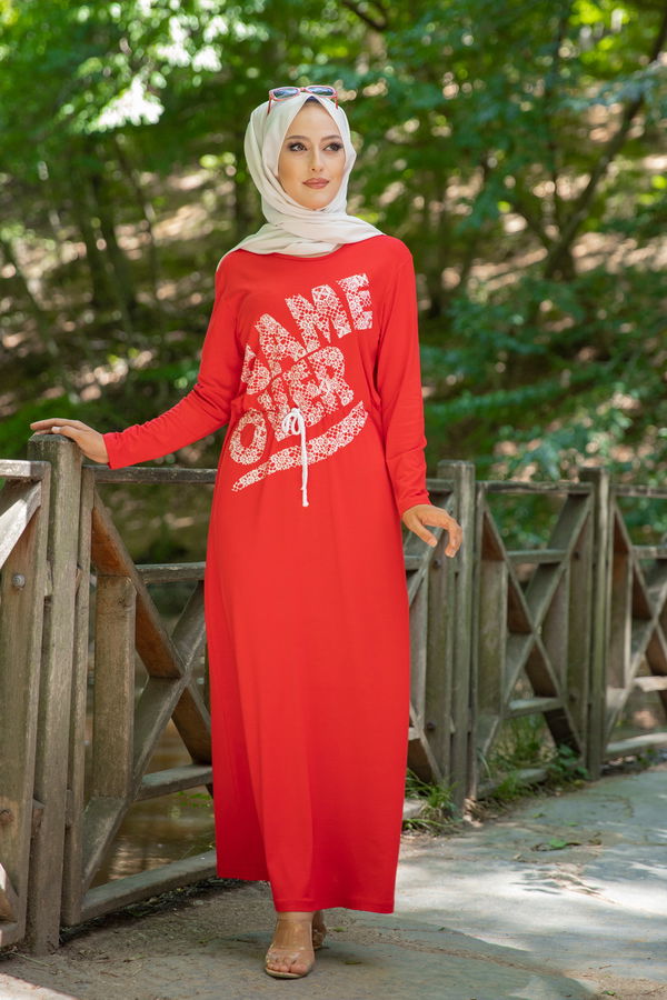 5252 BASKILI ELBiSE Kırmızı - 5252 Kırmızı
