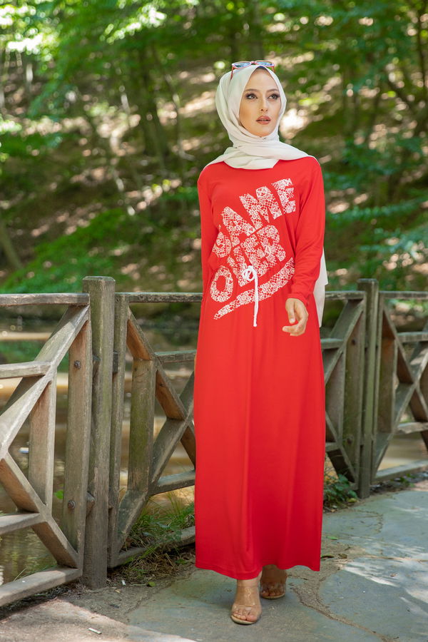 5252 BASKILI ELBiSE Kırmızı - 5252 Kırmızı