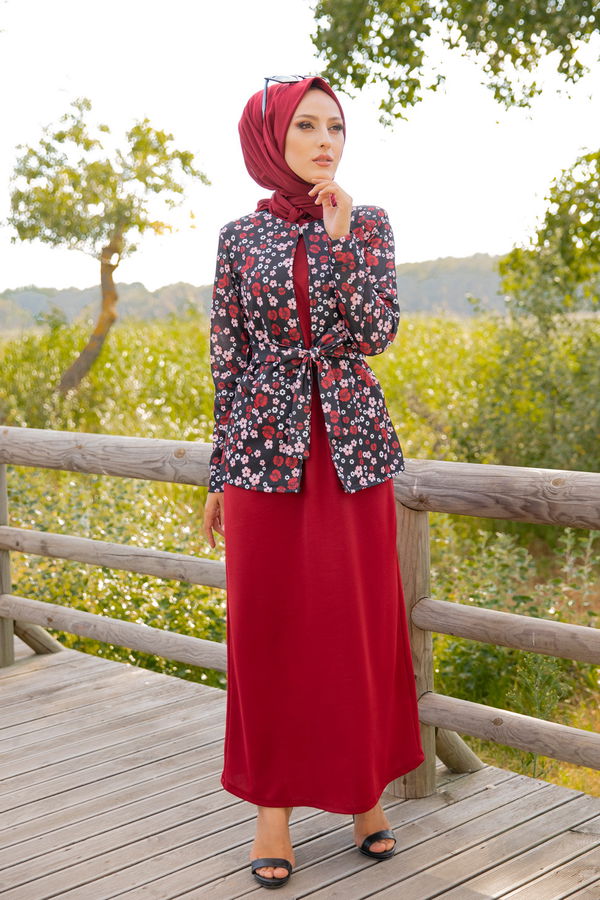 9054 ELBISE CEKET KEMER KOLYE Bordo - 9054