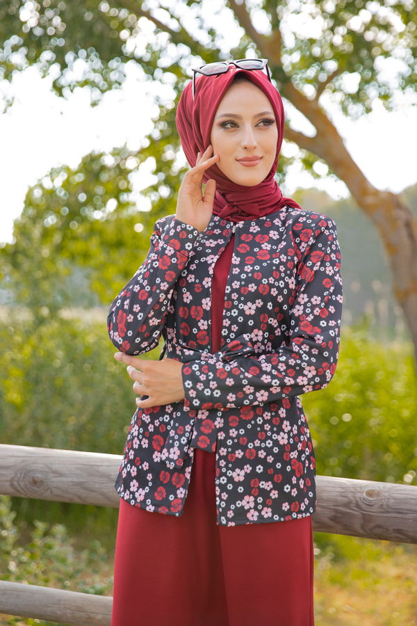 9054 ELBISE CEKET KEMER KOLYE Bordo - 9054