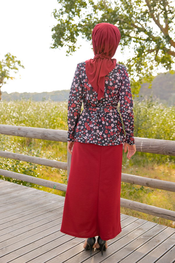 9054 ELBISE CEKET KEMER KOLYE Bordo - 9054