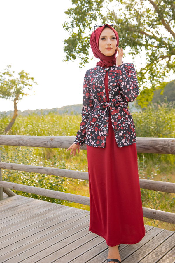 9054 ELBISE CEKET KEMER KOLYE Bordo - 9054
