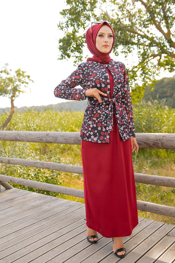 9054 ELBISE CEKET KEMER KOLYE Bordo - 9054