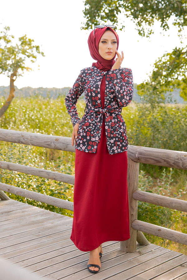 9054 ELBISE CEKET KEMER KOLYE Bordo - 9054