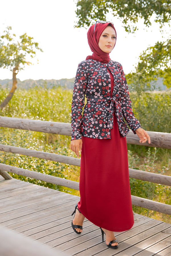 9054 ELBISE CEKET KEMER KOLYE Bordo - 9054