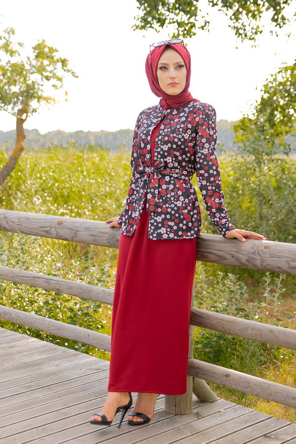 9054 ELBISE CEKET KEMER KOLYE Bordo - 9054