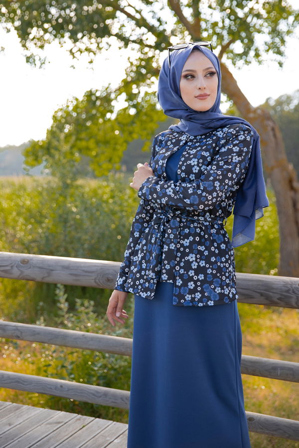 9054 ELBISE CEKET KEMER KOLYE Mavi - 9054 MAVİ