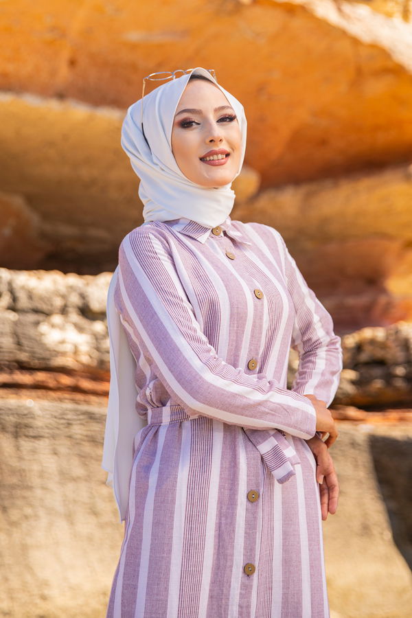 3260 CIZGILI ELBISE Ekru - 3260 EKRU