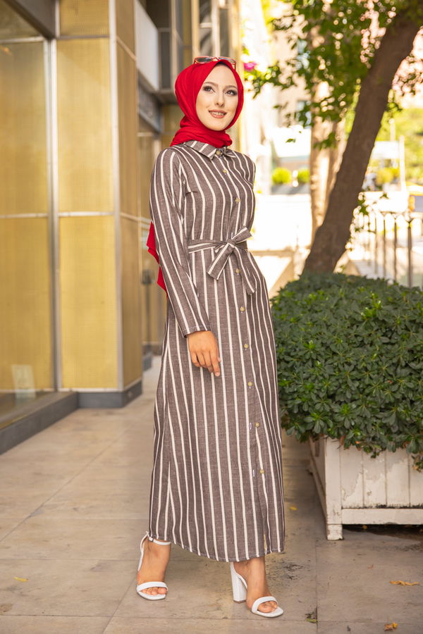 9057 KUSAKLI ELBISE Kahverengi - 9057 KAHVERENGİ