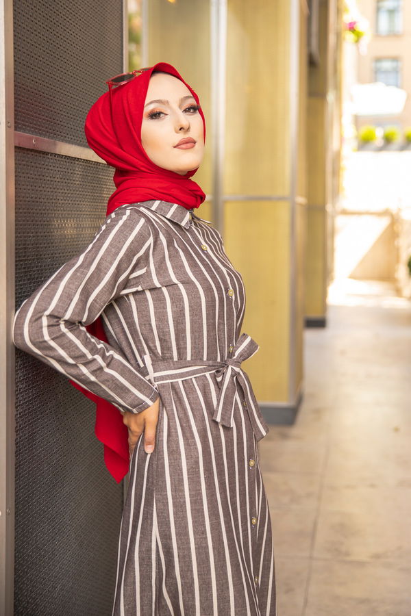 9057 KUSAKLI ELBISE Kahverengi - 9057 KAHVERENGİ