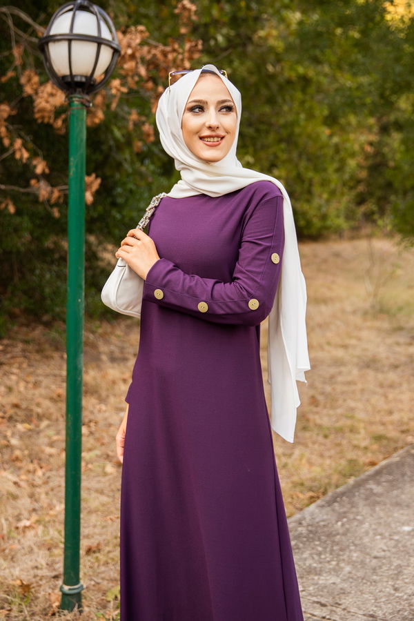 DUGME DETAY ELBISE Mürdüm - 2789 MÜRDÜM
