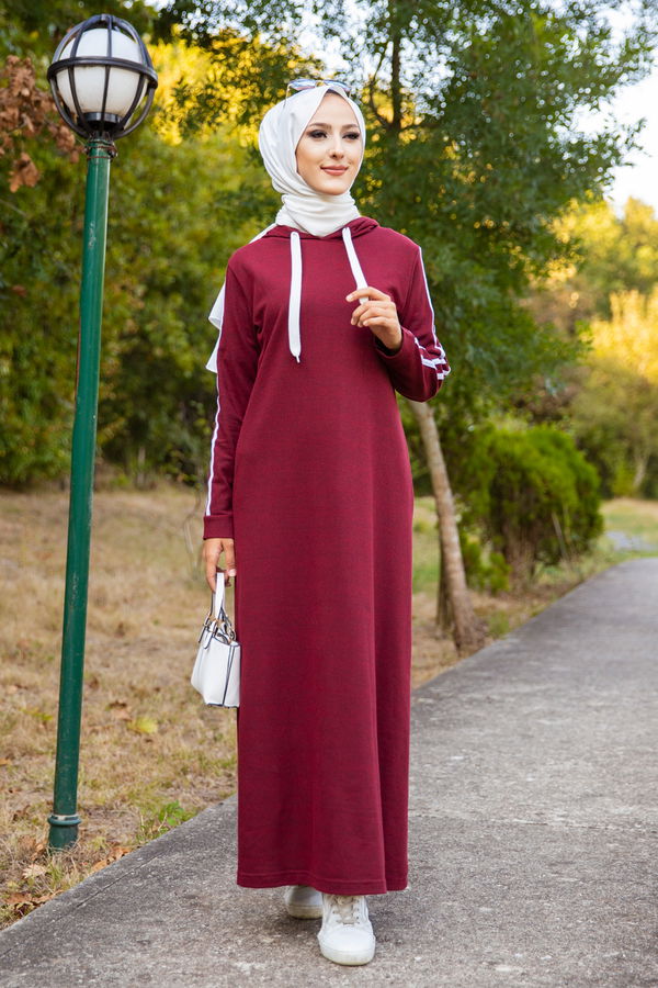 Şeritli Elbise Bordo - 3227 BORDO