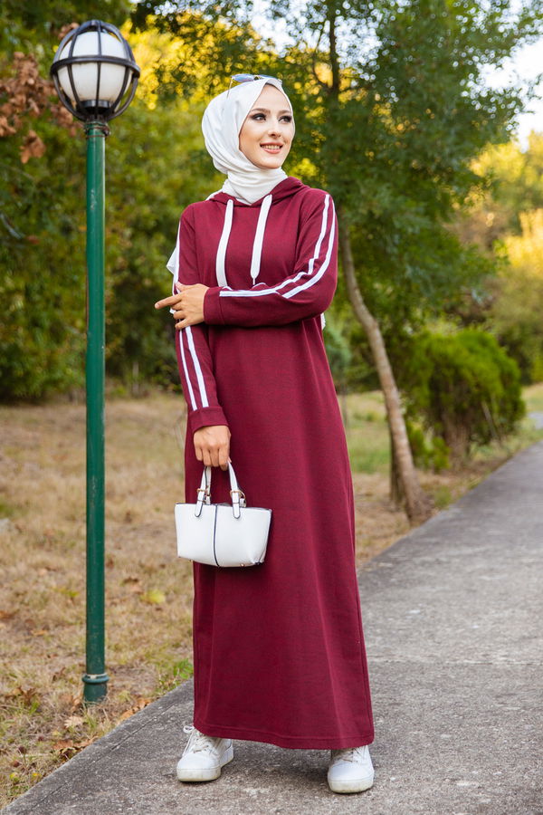 Şeritli Elbise Bordo - 3227 BORDO