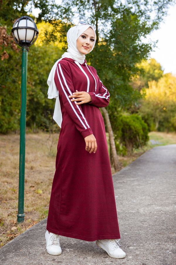 Şeritli Elbise Bordo - 3227 BORDO