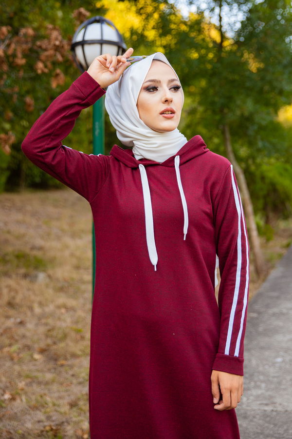 Şeritli Elbise Bordo - 3227 BORDO