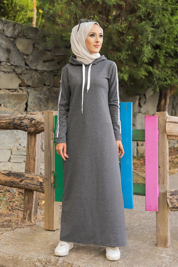 Şeritli Elbise Gri - 3227
