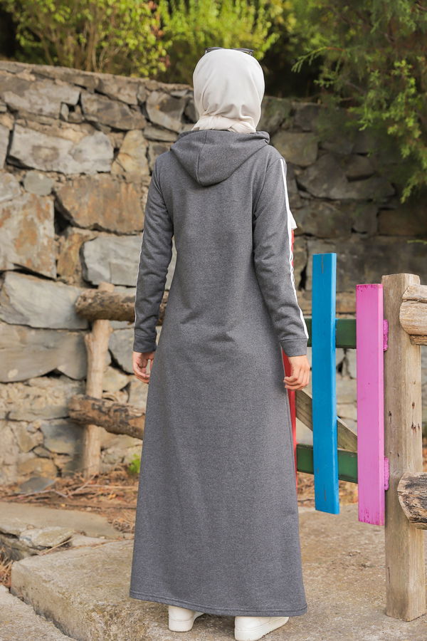 Şeritli Elbise Gri - 3227
