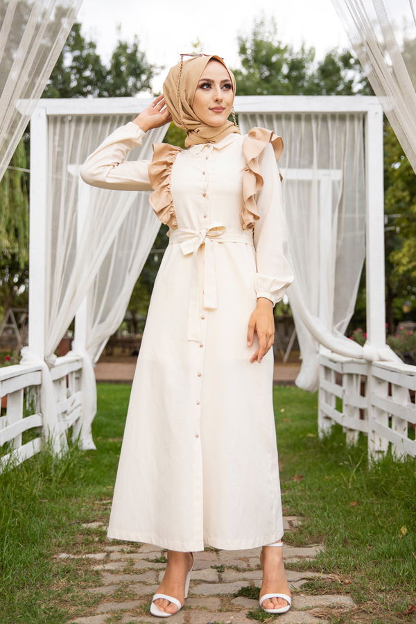 3125 TOP DUGMELI ELBISE Bej - 3125 BEJ