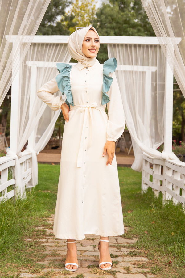 3125 TOP DUGMELI ELBISE Yeşil - 3125 YEŞİL