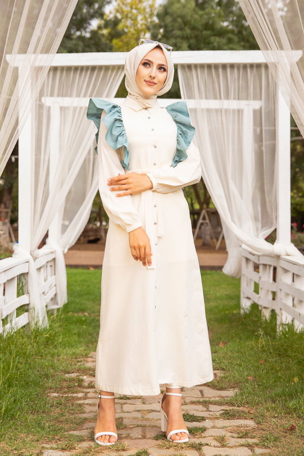 3125 TOP DUGMELI ELBISE Yeşil - 3125 YEŞİL