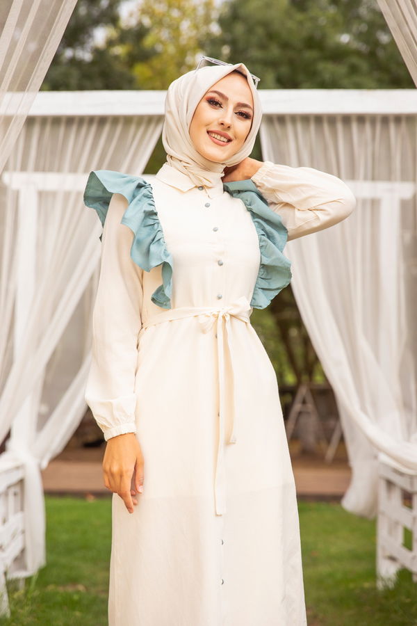 3125 TOP DUGMELI ELBISE Yeşil - 3125 YEŞİL