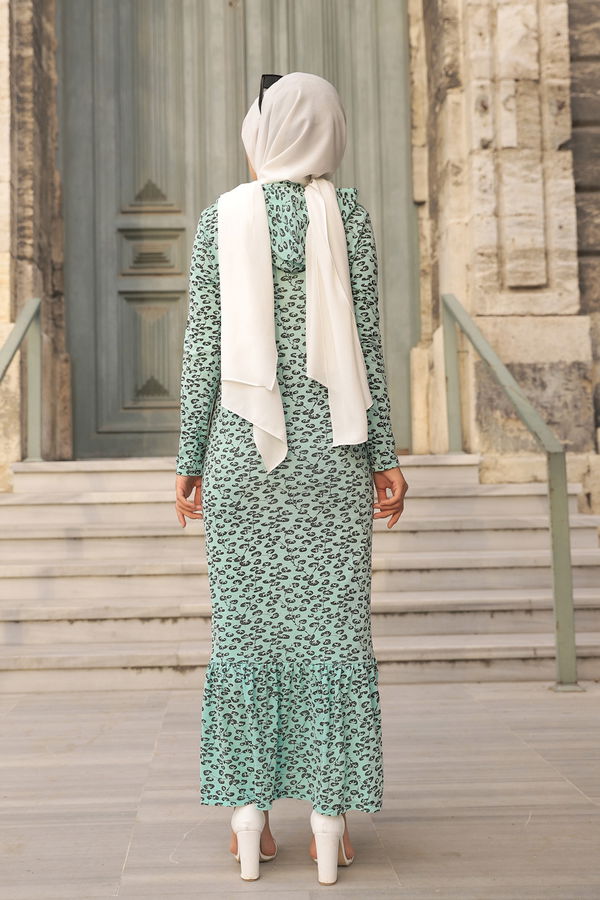 8513 CICEK DESENLI ELBISE Yeşil - 8513 YEŞİL