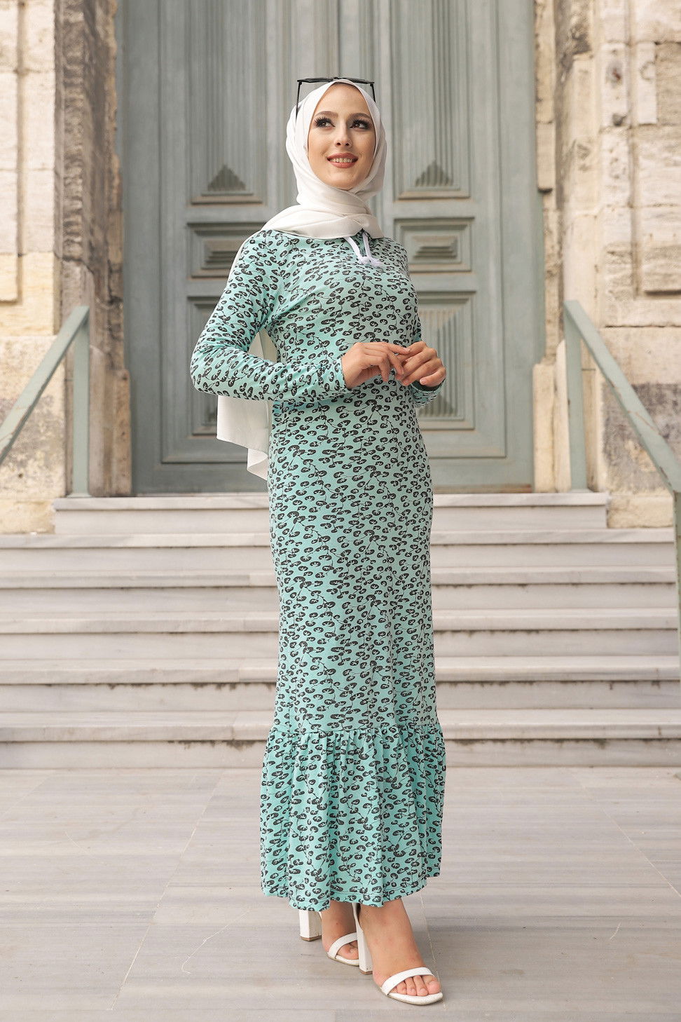 8513 CICEK DESENLI ELBISE Yeşil - 8513 YEŞİL