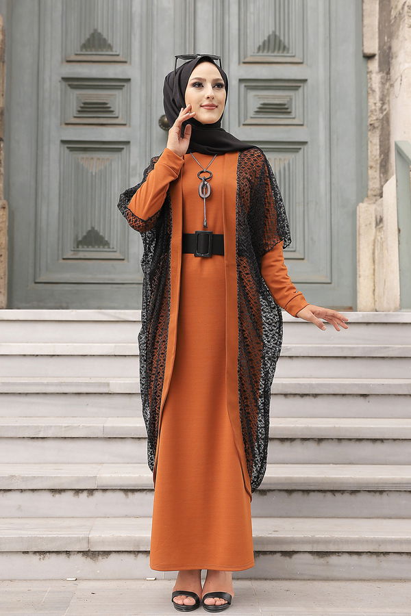 9042 ELBISE CEKET KEMER KOLYE Taba - 9042 TABA