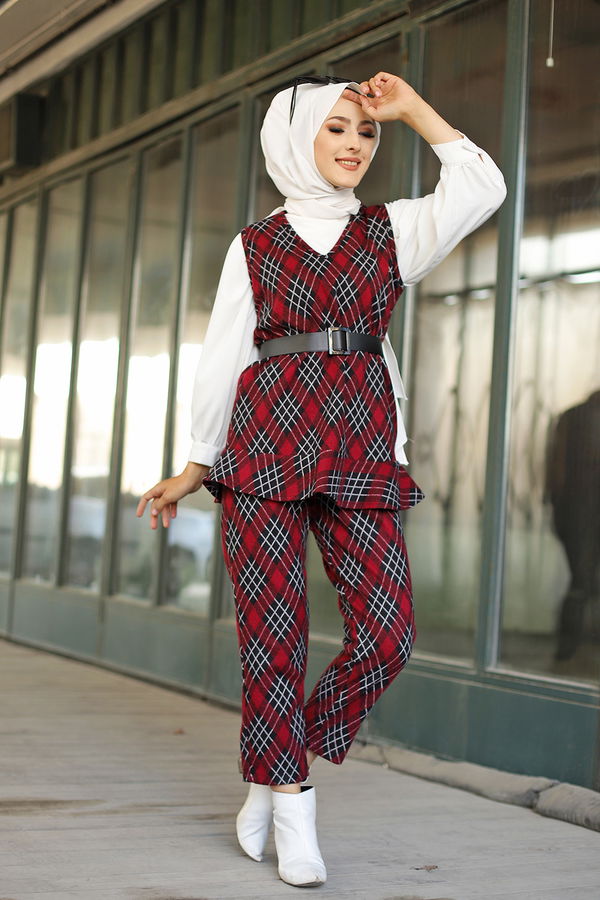 3336 TUNIK PANTOLON KEMER Bordo - 3336 BORDO