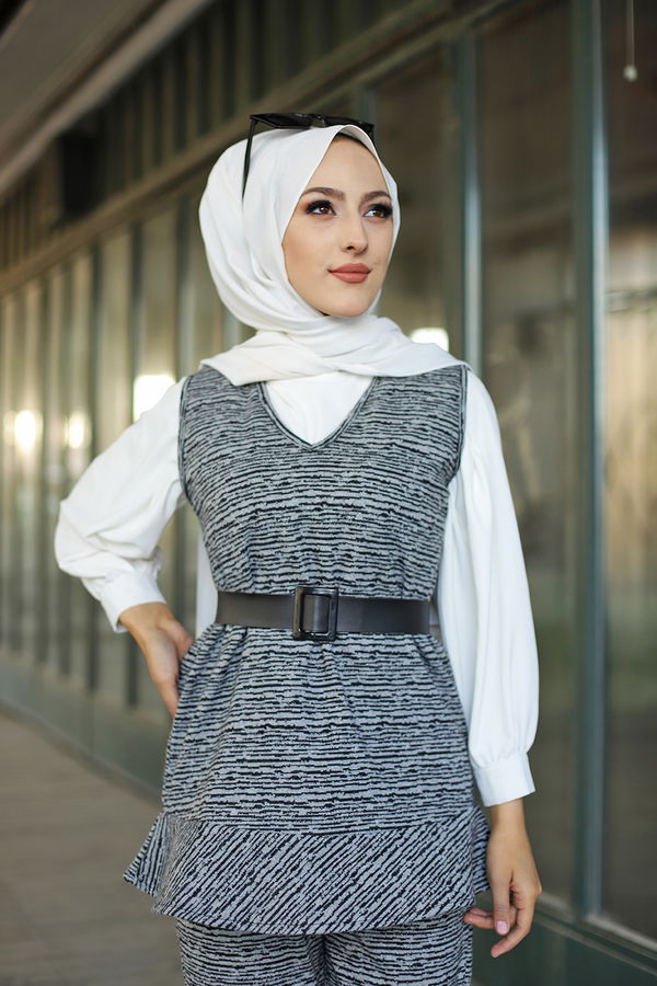 8625 TUNIK PANTOLON KEMER Gri - 8625