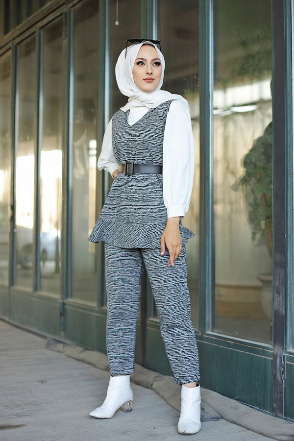 8625 TUNIK PANTOLON KEMER Gri - 8625