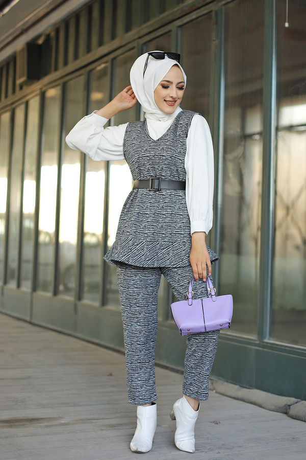 8625 TUNIK PANTOLON KEMER Gri - 8625