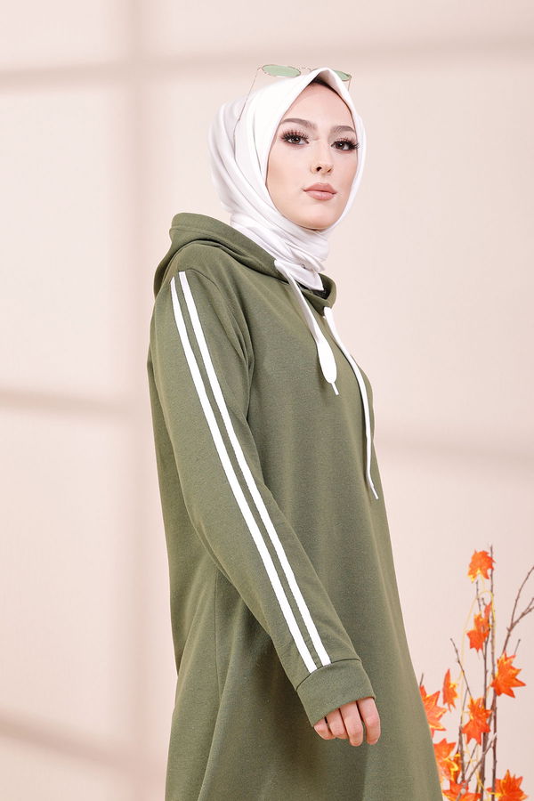 Şeritli Elbise Haki - 3227