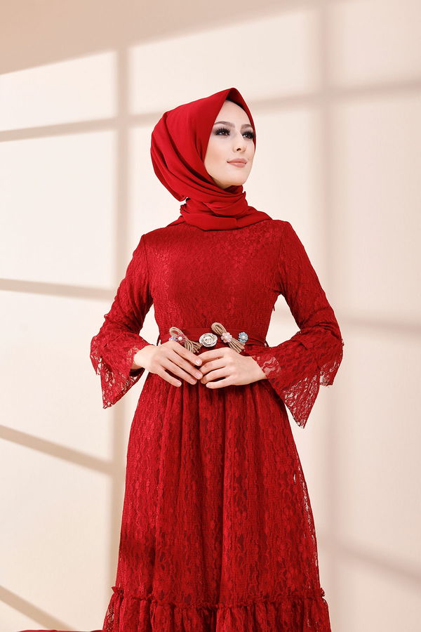 8565 DANTELLI ELBISE Bordo - 8565