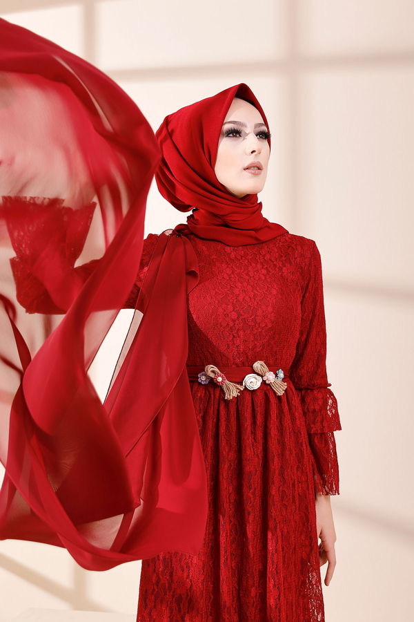 8565 DANTELLI ELBISE Bordo - 8565