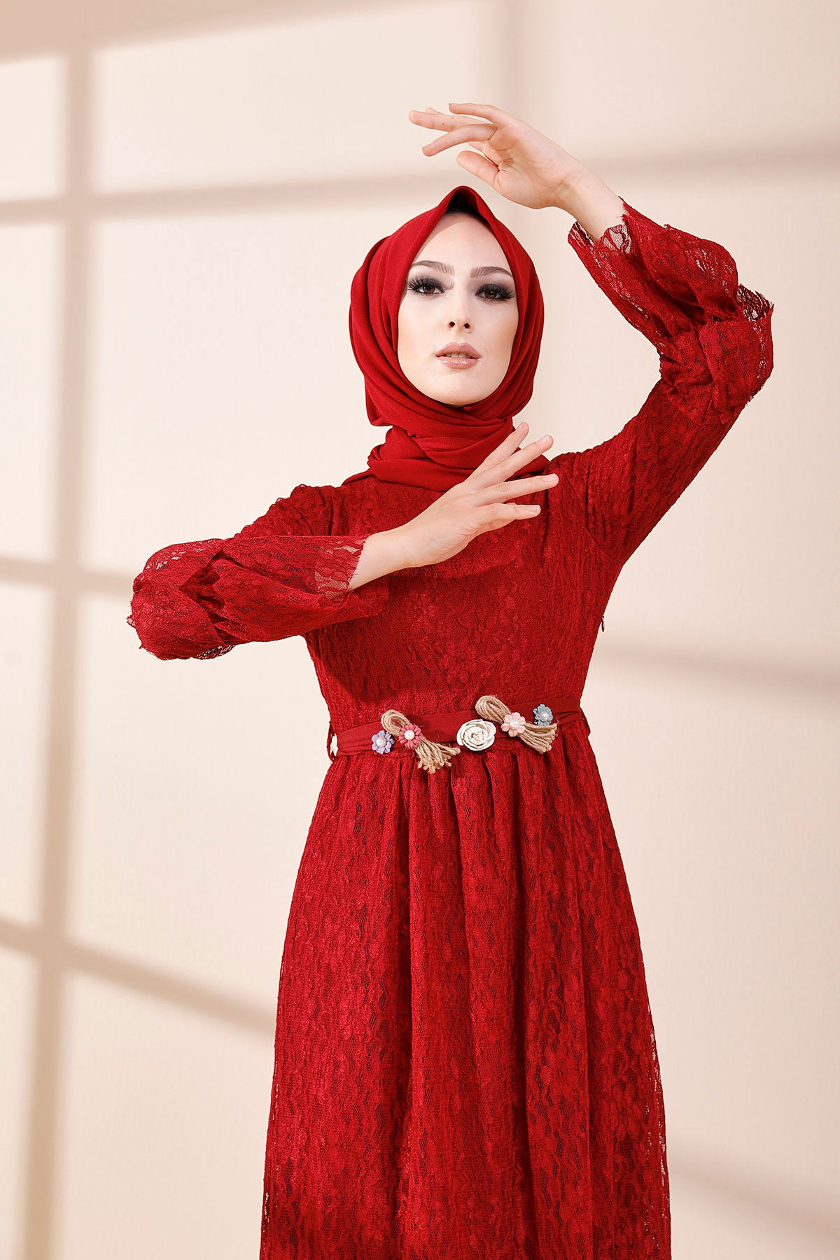 8565 DANTELLI ELBISE Bordo - 8565