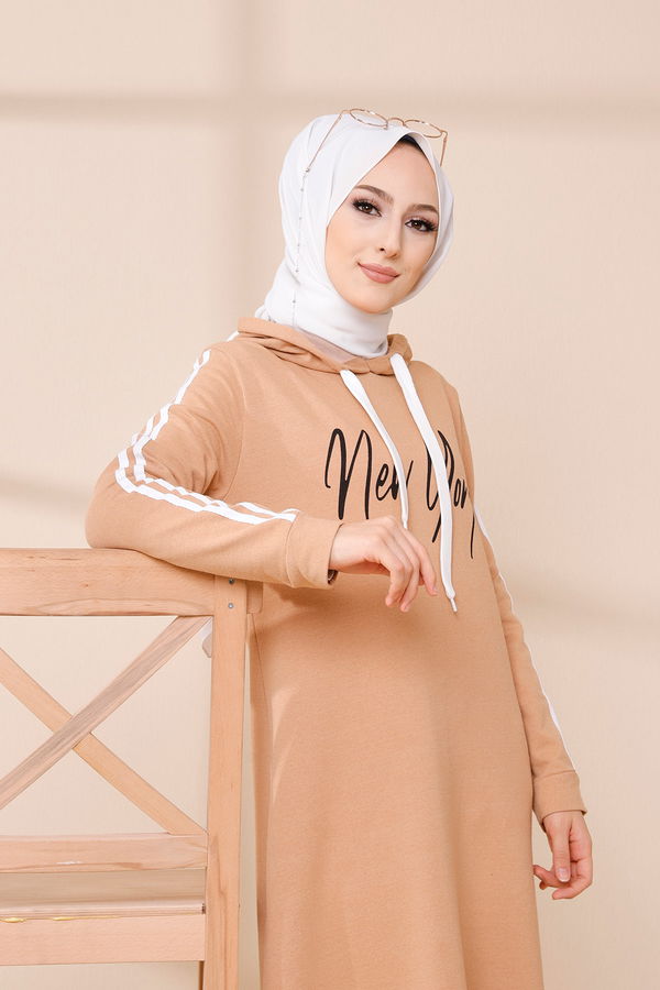 Kapşonlu Baskılı Elbise Taba - 3395 TABA