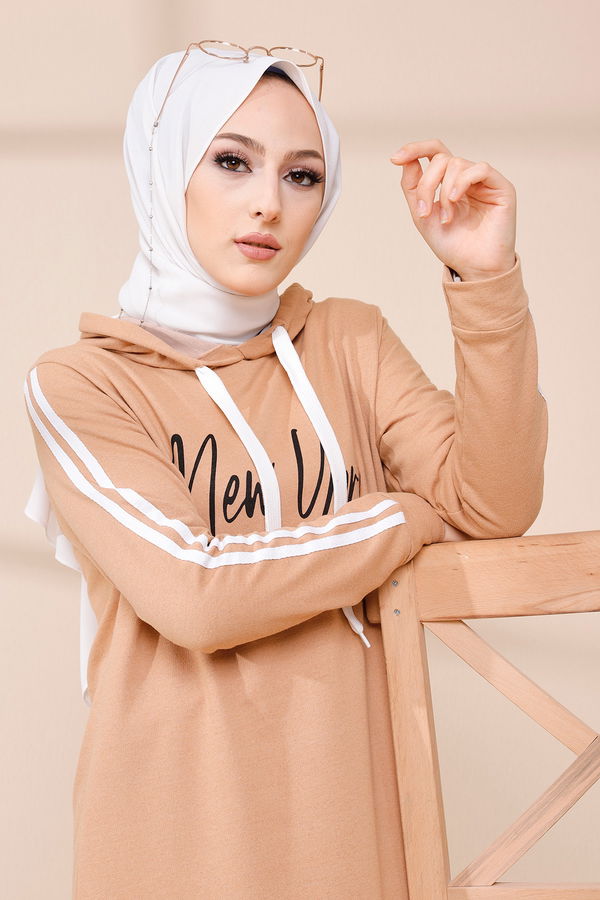 Kapşonlu Baskılı Elbise Taba - 3395 TABA