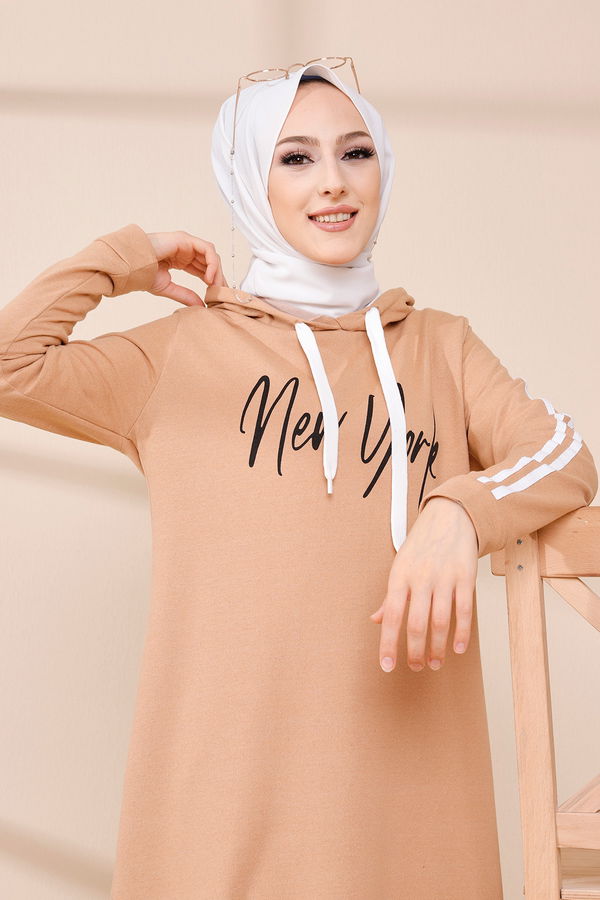 Kapşonlu Baskılı Elbise Taba - 3395 TABA