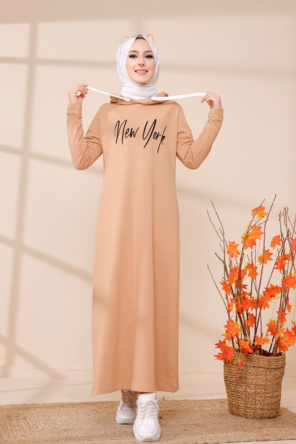 Kapşonlu Baskılı Elbise Taba - 3395 TABA