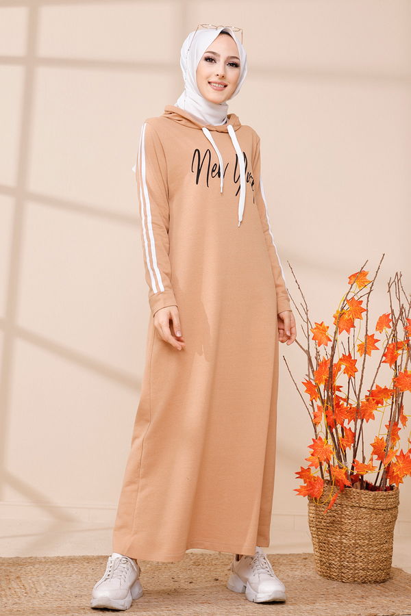 Kapşonlu Baskılı Elbise Taba - 3395 TABA