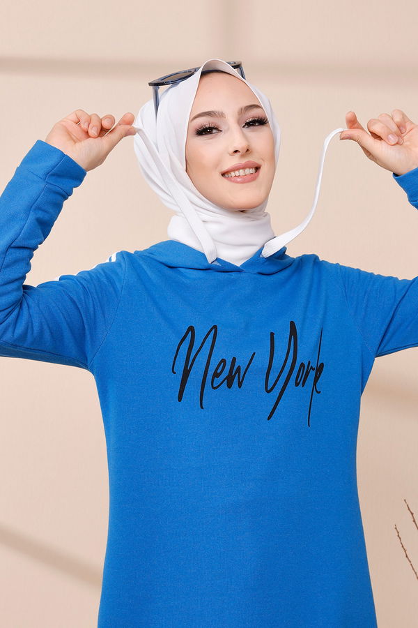 Kapşonlu Baskılı Elbise Mavi - 3395 MAVİ