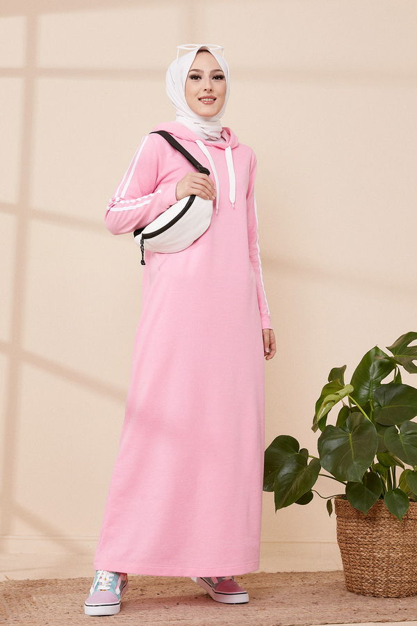 Şeritli Elbise Pembe - 3227