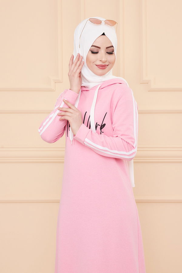 Kapşonlu Baskılı Elbise Pembe - 3395