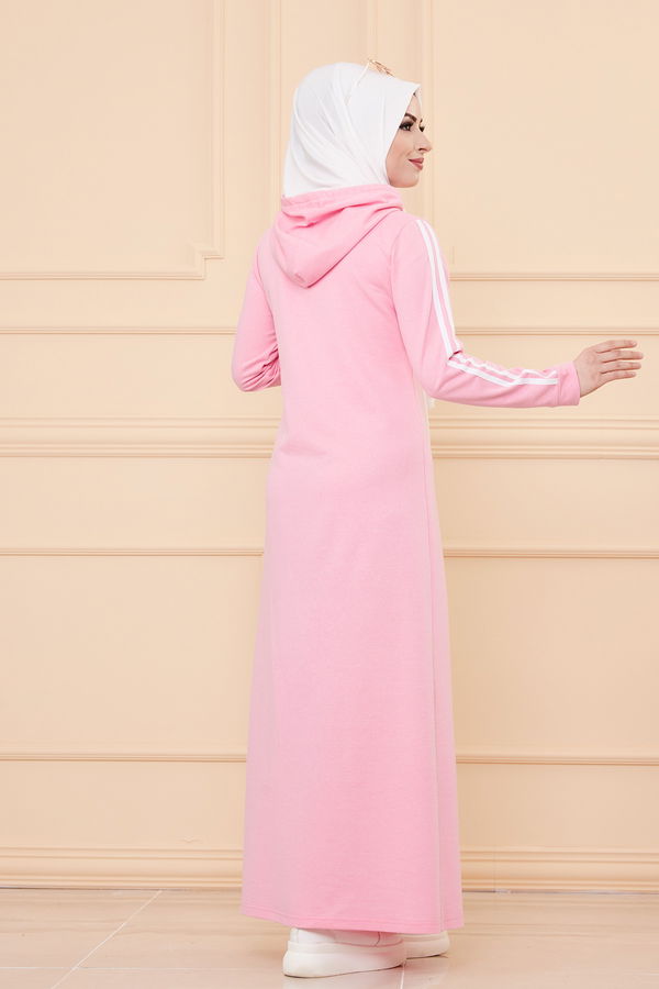 Kapşonlu Baskılı Elbise Pembe - 3395