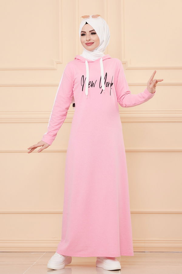 Kapşonlu Baskılı Elbise Pembe - 3395