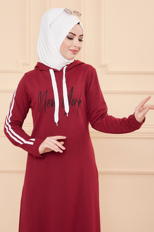 Kapşonlu Baskılı Elbise Bordo - 3395 BORDO