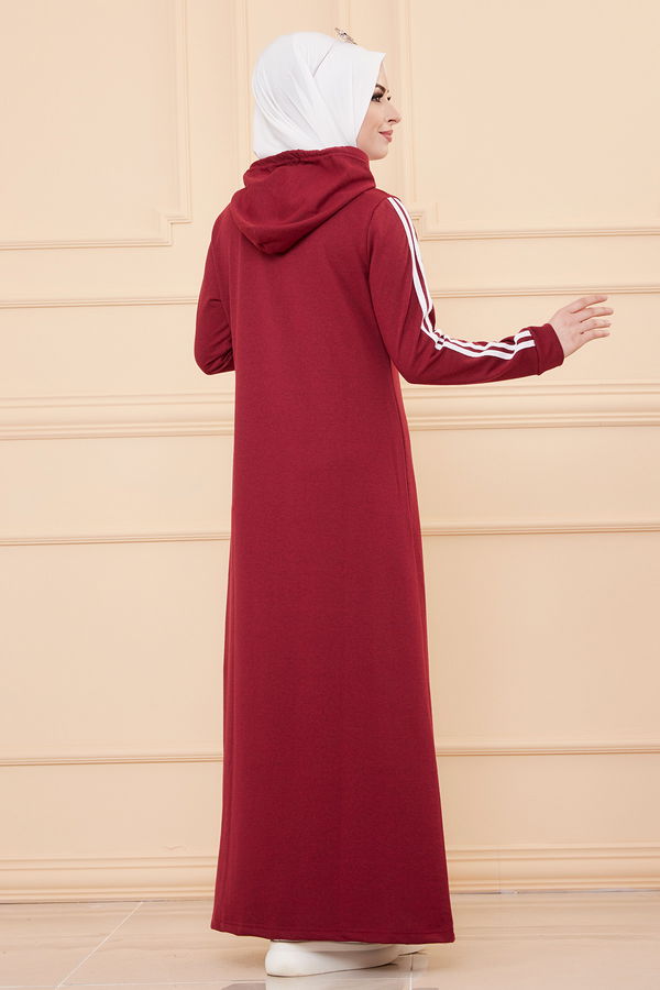 Kapşonlu Baskılı Elbise Bordo - 3395 BORDO