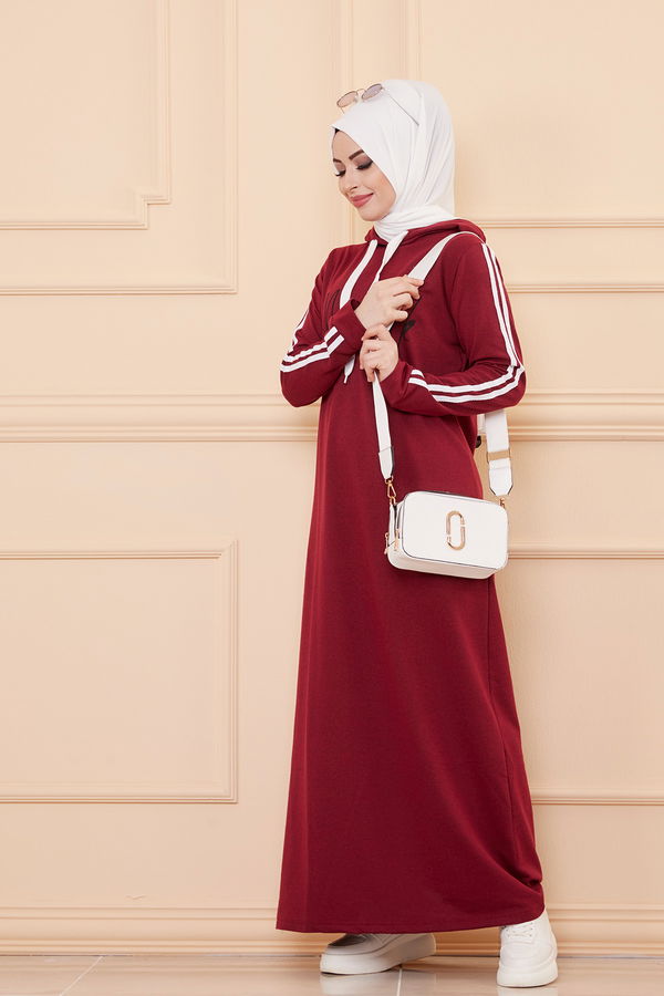 Kapşonlu Baskılı Elbise Bordo - 3395 BORDO